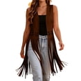 thumbnail image 2 of VBVC Women's Faux Suede Long Fringe Vest , Ladies' Western Boho Open Front Vest , Casual Sleeveless Floral Cutout Top For Women, Brown , S-2XL, 2 of 9