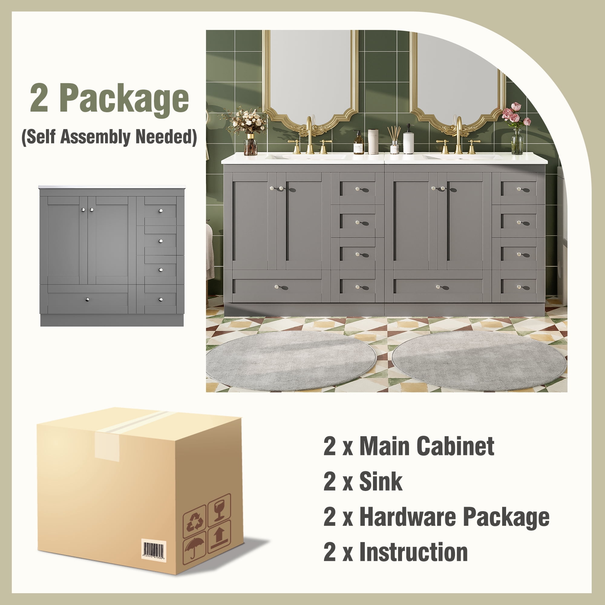 Euroco 72 inch Shaker Style Free-Standing Bathroom Vanity Cabinet with Ceramic Sink, Soft-close Drawers and Soft-close doors