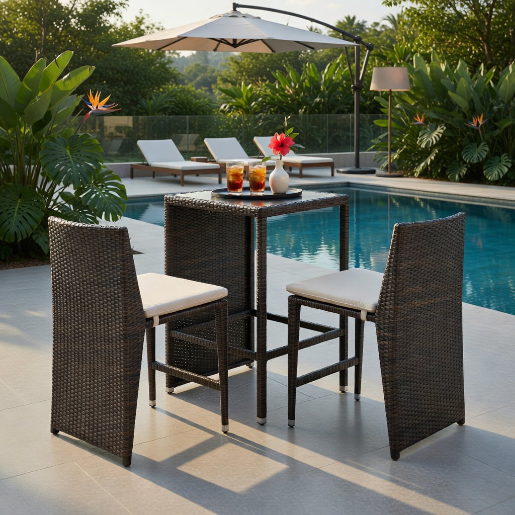 Hommoo 3-Piece Cushioned Wicker Bistro Set, PE Rattan Chairs & White Polyester Cushions, Patio, Porch, Poolside or Garden Furniture, Brown