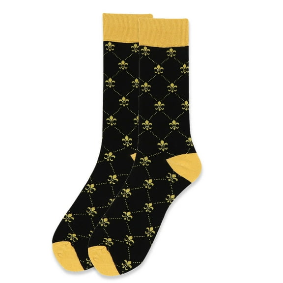 Men's Fleur de Lis Diamond Dotted Line Premium Cotton Dress Casual Crew Socks-Mardi Gras Theme