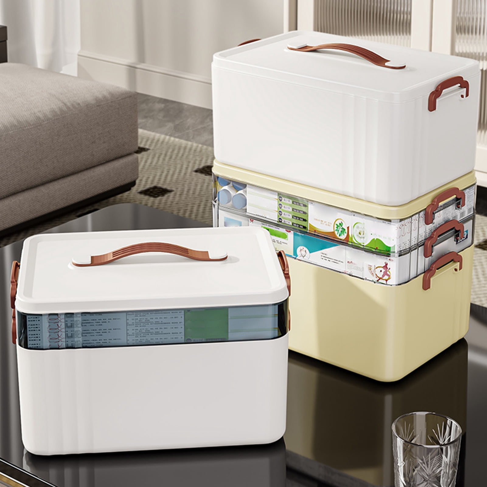 OIUR 3-Tier Medicine Box with Handle Large Capacity Multi-layer Design BPA Free Good Sealing Tablet Pill Organizer Medicine Case