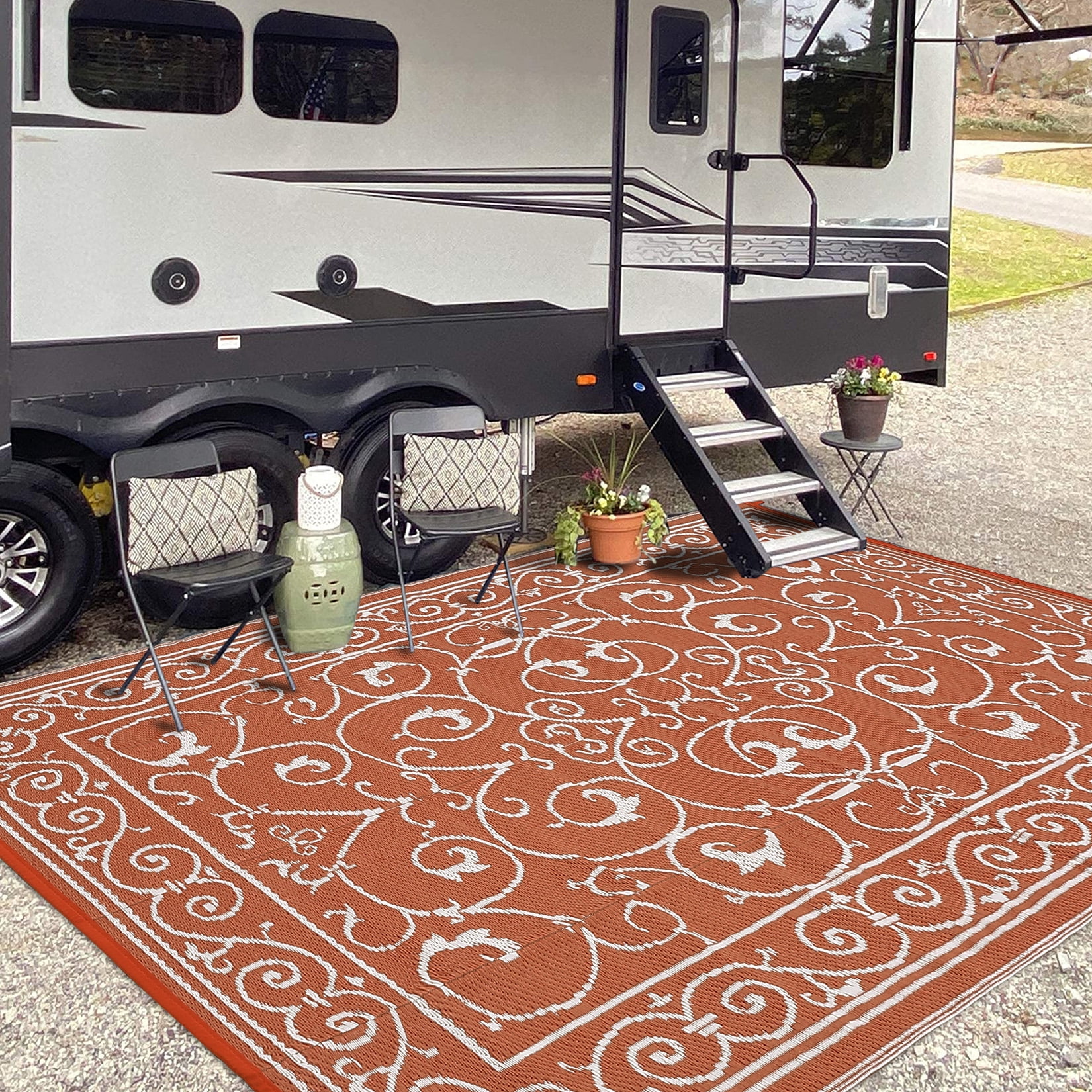 Nanan 9x18 Outdoor Rug, Waterproof UV Protected Fade Resistant Reversible Plastic Straw Patio Mat for RV, Camping, Deck, Yard, Garden, Balcony, Poolside, Brick Red