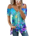 thumbnail image 1 of Gvmfive Women Summer Short Sleeve Cold Shoulder Tops V Neck Zipper Tunic Blouse, 1 of 4