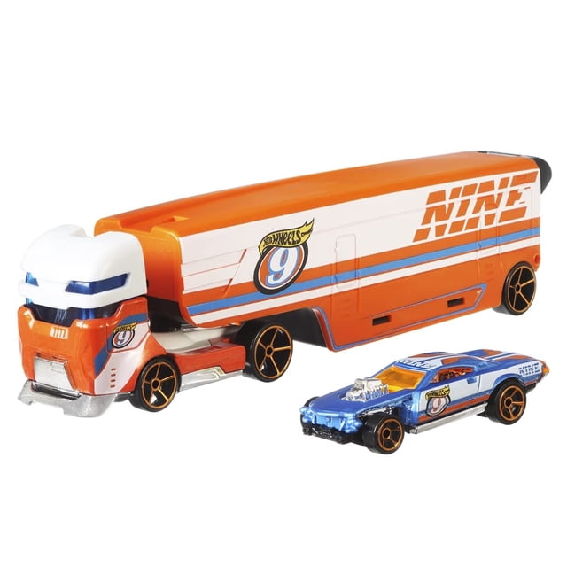 Camión de juguete Hot Wheels Speedway Hauler semirremolque con auto