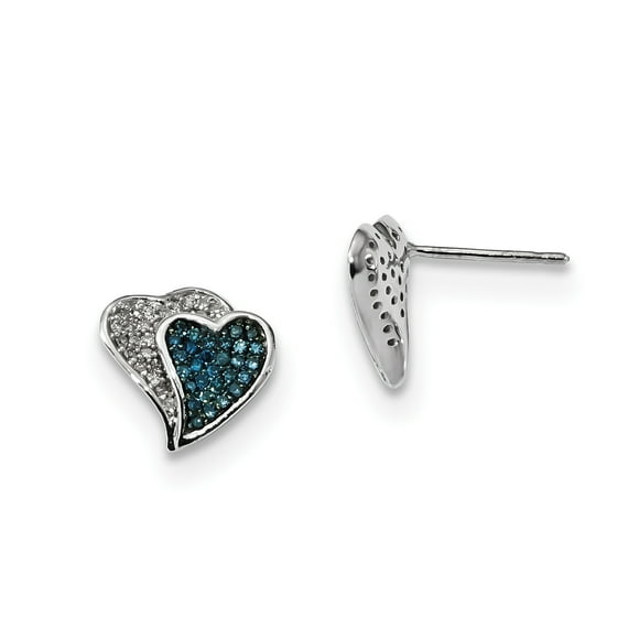 Sterling Silver Rhodium Plated Blue & White Diamond Hearts Earrings QE10723