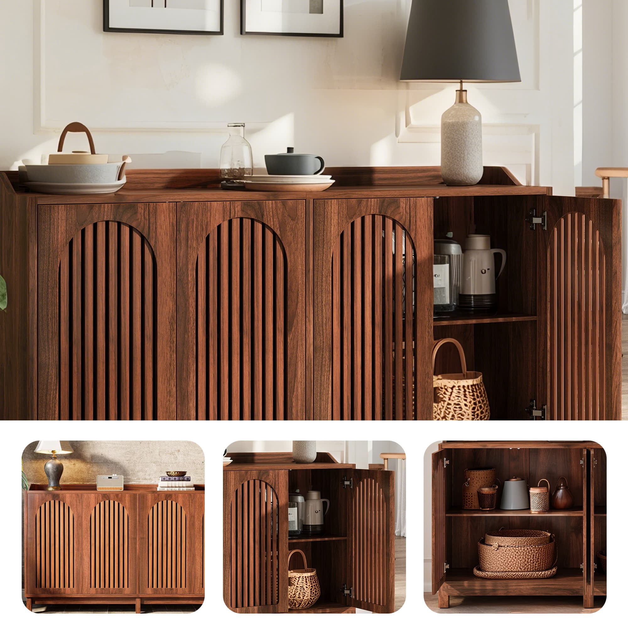 MAYEERTY 57" Farmhouse Sideboard Buffet Cabinet, Vintage Shutter Door Storage Credenza with Adjustable Shelf, Solid Wood Leg Coffee Bar Cabinet