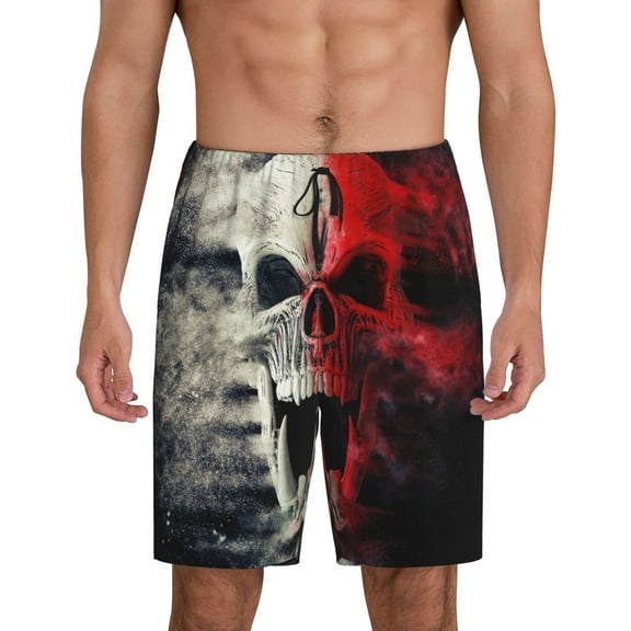 Naloa Red And White Screaming Demon Skull Men's Short Pajama Pants, Pj Shorts, Lounge Comfort Shorts-Small