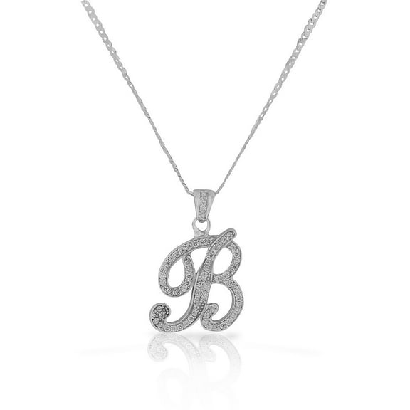 925 Sterling Silver CZ Letter Initial "B" Pendant Necklace - B