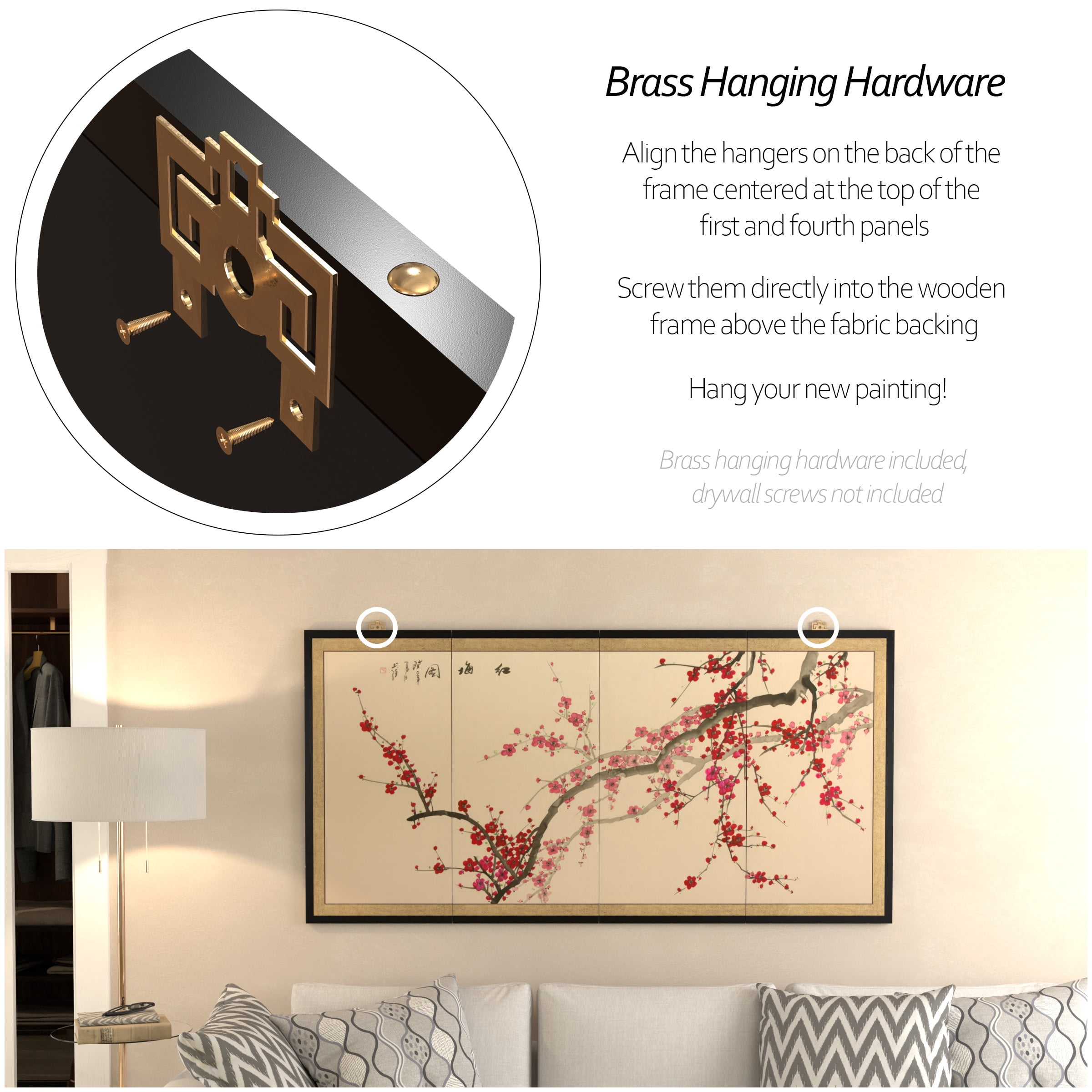 6ft. Long Handpainted Chinese Silk Wall Art Screen - Plum Tree Blossoms