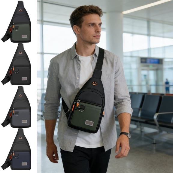 Men’s Crossbody Chest Bag for Travel and Work, Lightweight Nylon Sling Bag with Multi Layer Pockets and Headphone Port, Small Business Commuter Shoulder Bag