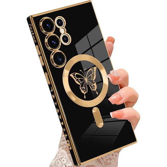 Compatible with Samsung Galaxy S24 Ultra Magnetic Case, Luxury Plating Butterfly Design with Camera Protection [Compatible with Magsafe] Shock-Absorption TPU Cover - Black
