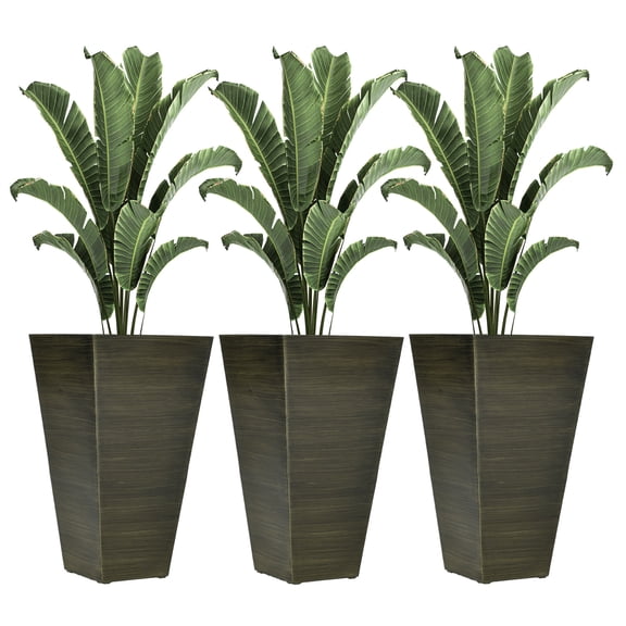 Set of 3 Tall Outdoor Planters, 28 Faux Wood Plastic Flower Pots with Drainage Holes, Large Taper Planters for Patio, Garden, Indoor, Dark Brown