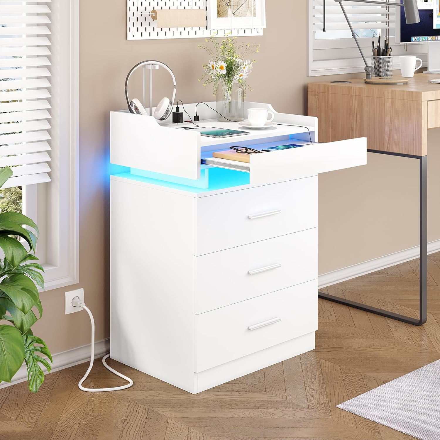 Afuhokles Nightstand with Charging Station and LED Lights, Night Stand with 3 Drawers, White