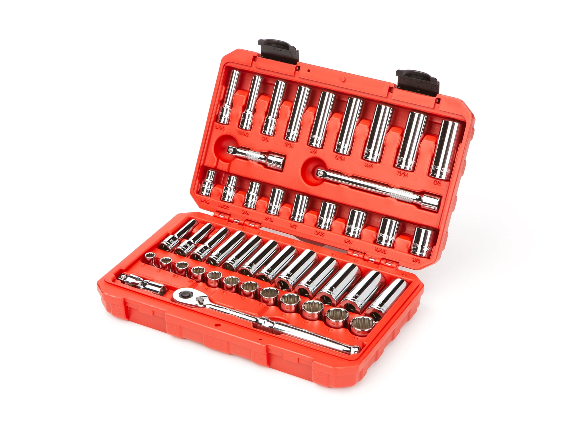TEKTON 3/8 Inch Drive Shallow and Deep 12-Point Socket and Ratchet Set with Case, 46-Piece (5/16-3/4 in., 8-19 mm) | SKT15302