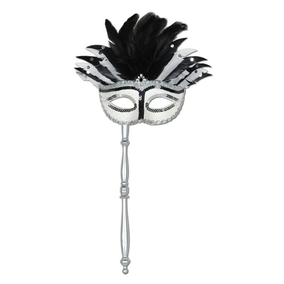 Black, White & Silver Feathered Costume Mask w/Stick, (1/Pkg)