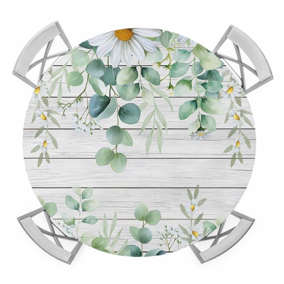 Elastic Fitted Round Tablecloth, Green Eucalyptus Leaves Waterproof Stretch Table Cover for 45"-54" Tables, Daisy Floral Summer Botanical Wooden Washable Outdoor Tablecloths for Patio, Picnic