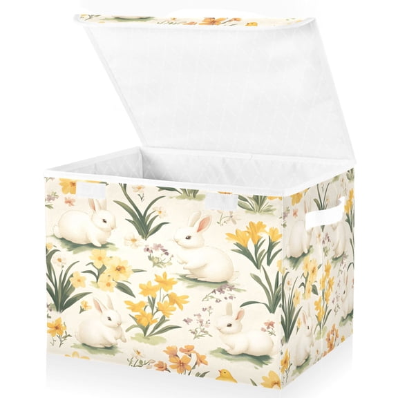 Yayeee Collapsible Cube Storage Bin with Lid Fabric Closet Decorative Basket with Handles, White Rabbits