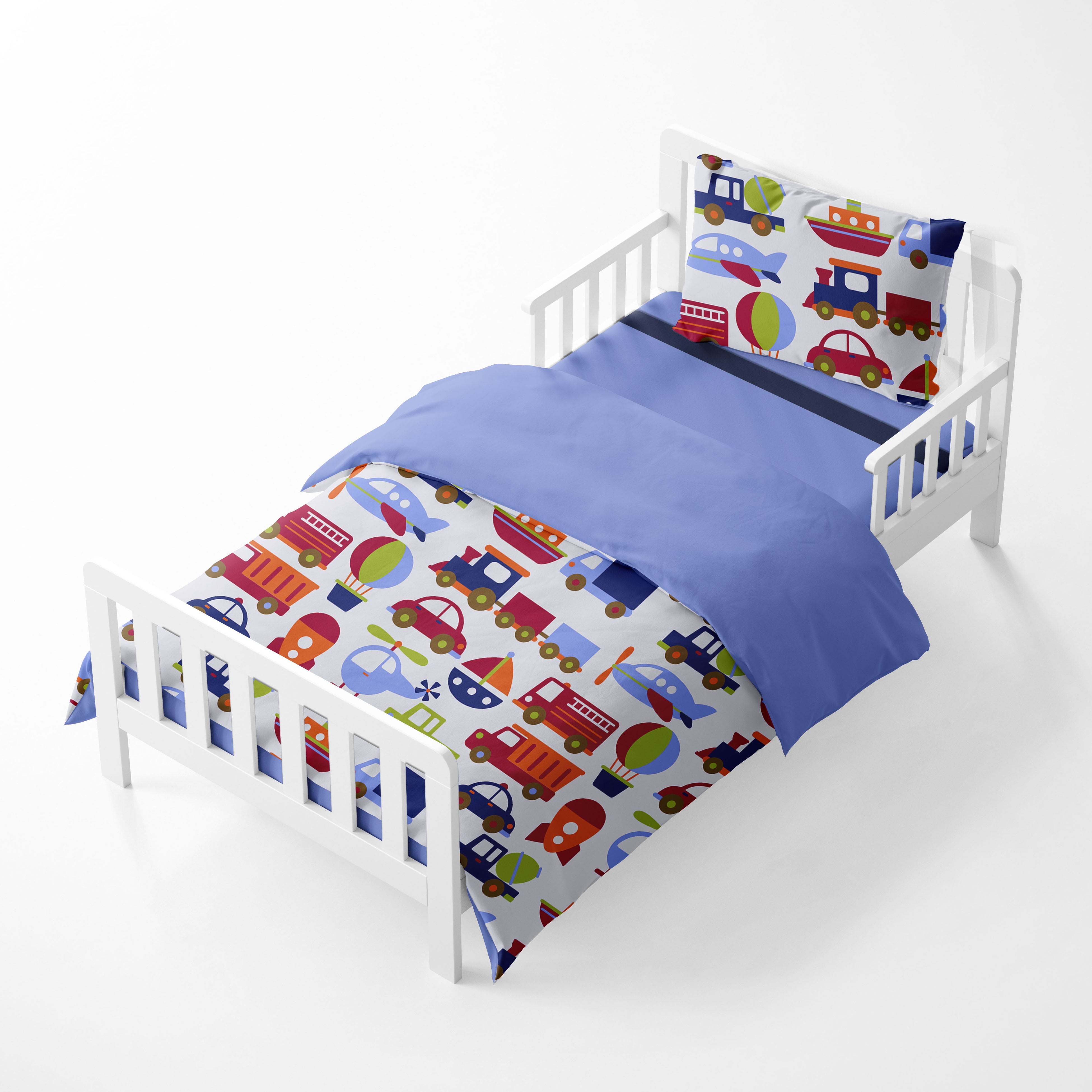 Bacati - Boys 4 pc Toddler Bedding/3 pc Sheet Set 100% Cotton Percale, Transportation Blue/Navy/Orange/Red/Green