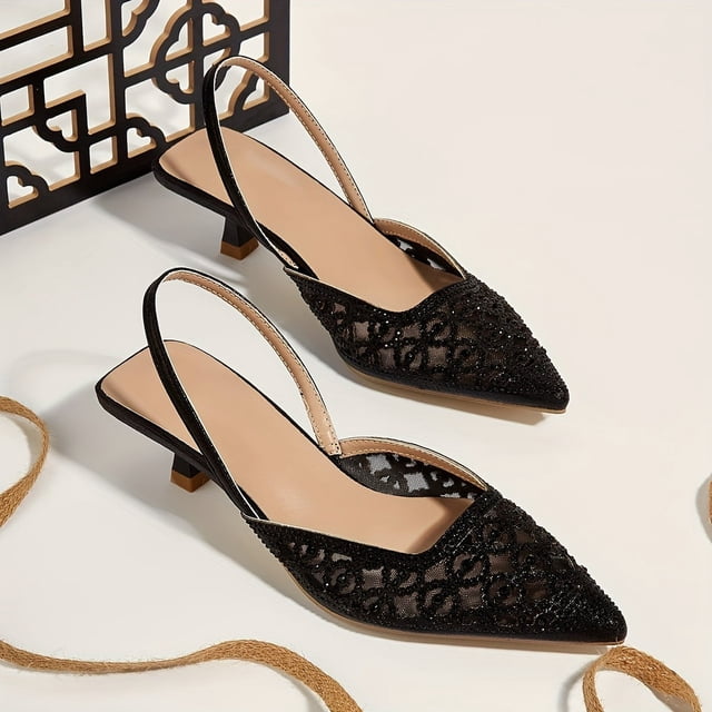 Chic & Comfortable All-Season Kitten Heels with Sparkling Rhinestones, Pointed Toe, and Breathable Mesh Design Shoes for Women Girls