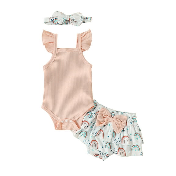 Bagilaanoe 3pcs Newborn Baby Girl Short Pants Set Fly Sleeve Romper Tops   Rainbow Skirt Shorts   Headband 3M 6M 9M 12M Infant Casual Summer Outfits