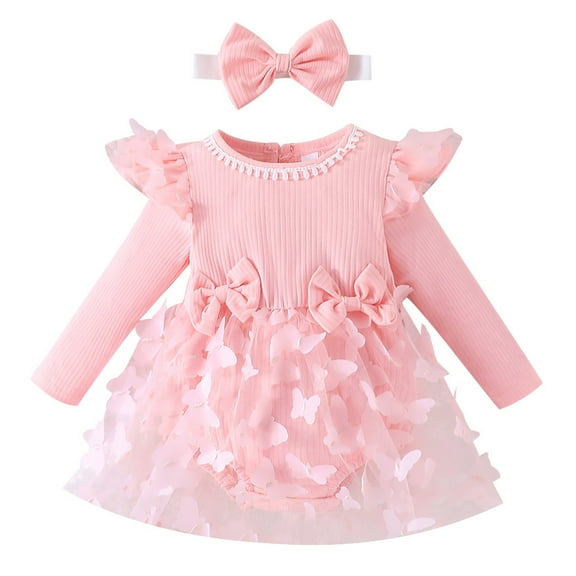 IBTOM CASTLE Newborn Baby Girls Butterfly Tutu Dress Long Sleeve Romper Tutu Skirt Headband 2PCS Winter Fall Clothes 0-3 Months Pink