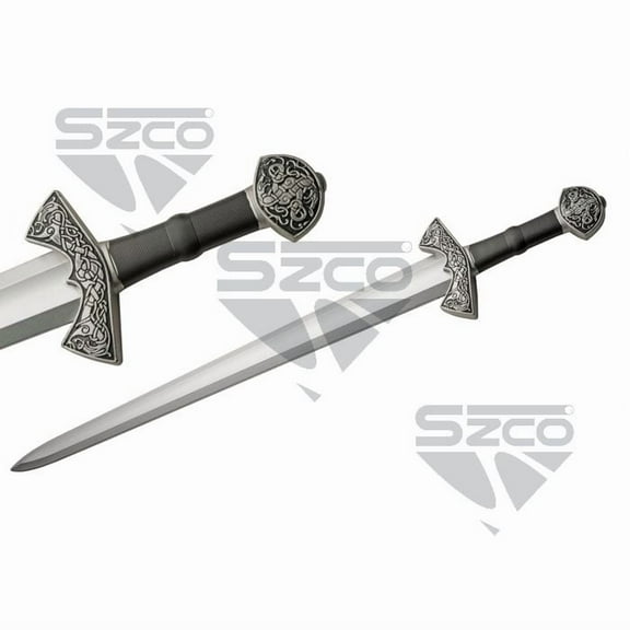 Szco 37.75” Latex Excalibur Sword Medieval Foam Sword with Black Handle & Silver Blade for Costume Accessory.