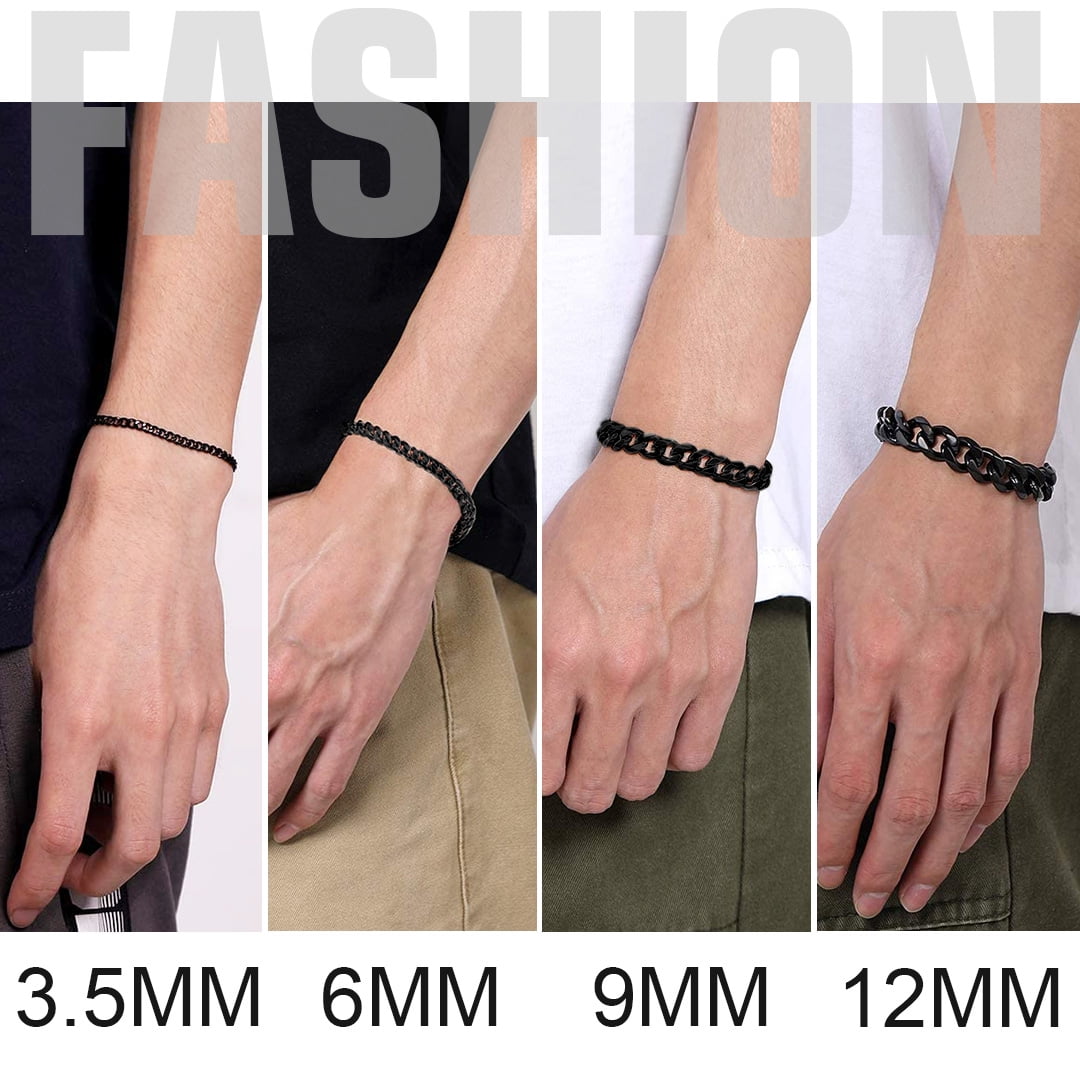 ChainsHouse Trendy Black Cuban Link Bracelets for Women Men 3mm Waterproof Chain Bracelet Jewelry Gift, 7.5inch