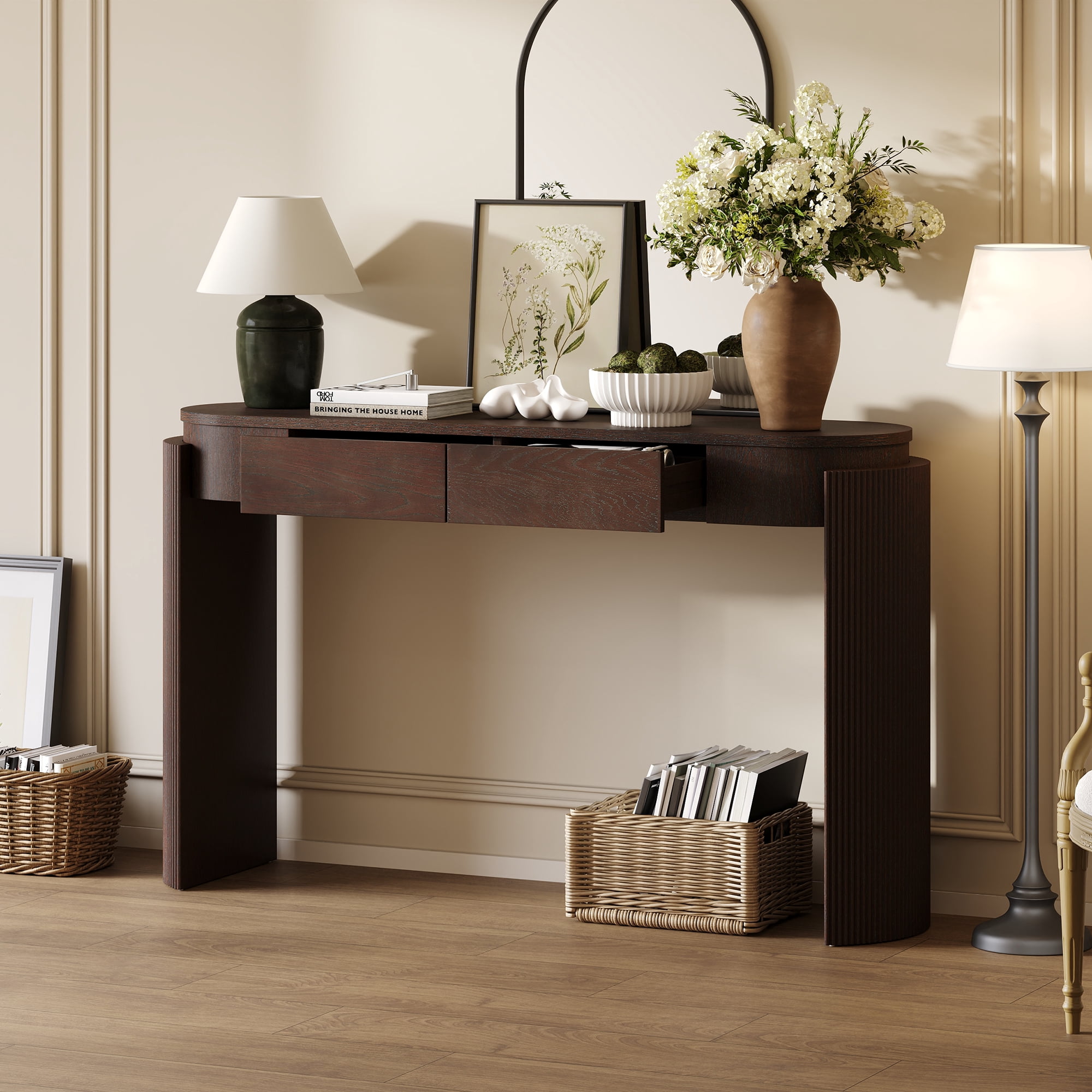 Harper & Bright Designs Fluted Console Table with Storage, Wood Entryway Table with Drawers and Oval Top Shelf, Espresso