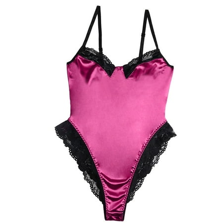 

Follure Ladies casual underwear bra Lace Jumpsuit Underwear Pajamas Women Bodysuit Teddy S-XL Hot Pink L