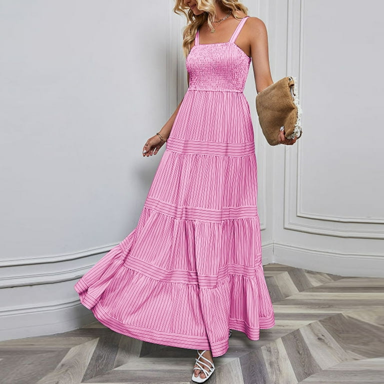 Finelylove Aline Dresses For Women Knee Length Girls Summer Dresses V-Neck  Printed Sleeveless Sun Dress Pink 