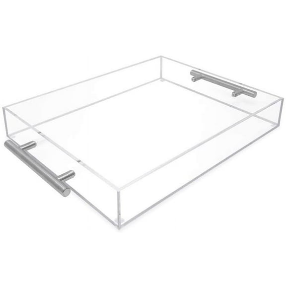 Isaac Jacobs Clear Acrylic Serving Tray 11x14 withSilver MetalHandles, Spill-Proof, Stackable Organizer, Space-Saver, Food & Drinks Server, Indoors/Outdoors, Lucite Storage Dcor & More