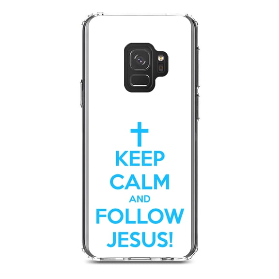 DistinctInk Clear Shockproof Hybrid Case for Samsung Galaxy S9 (5.8" Screen) - TPU Bumper, Acrylic Back, Tempered Glass Screen Protector - Keep Calm and Follow Jesus - Christ