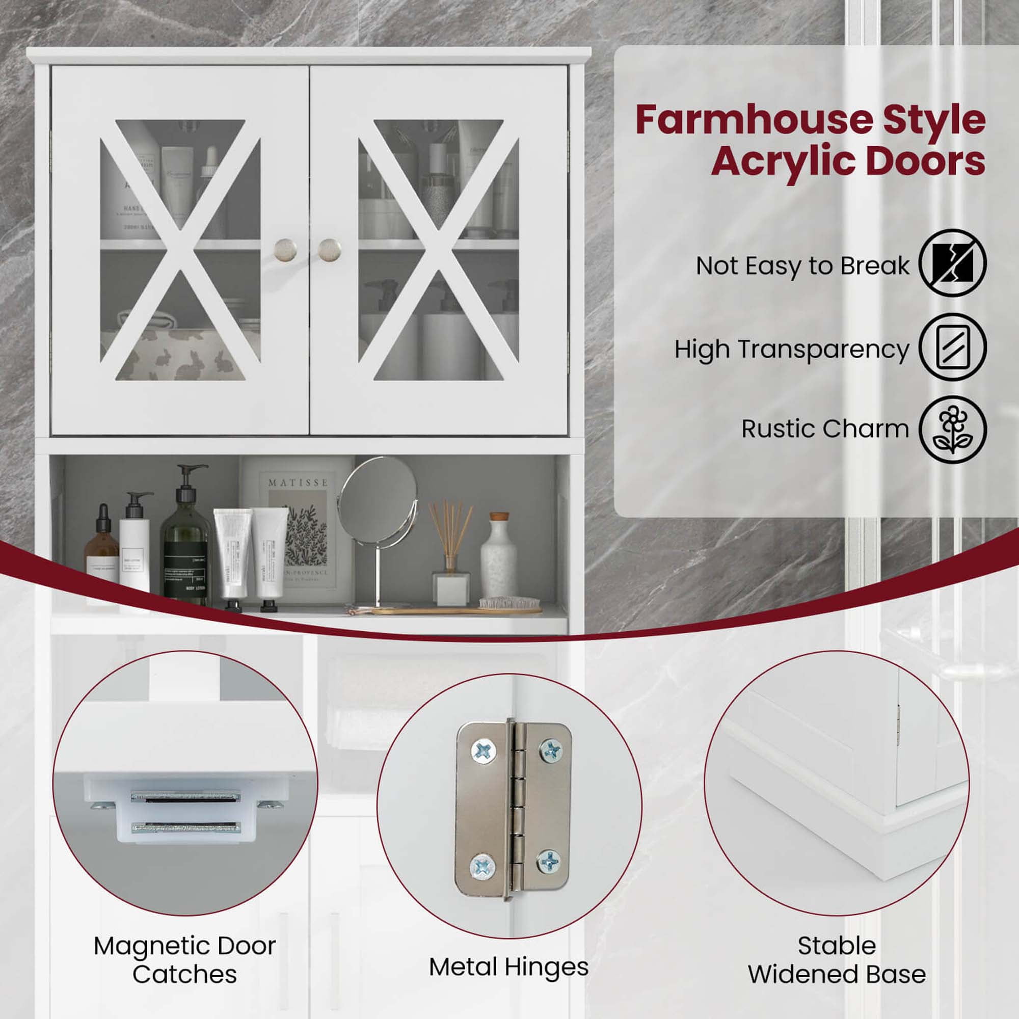 Costway Tall Bathroom Cabinet Large Floor Storage Cabinet with Acrylic Doors & 3 Cube White