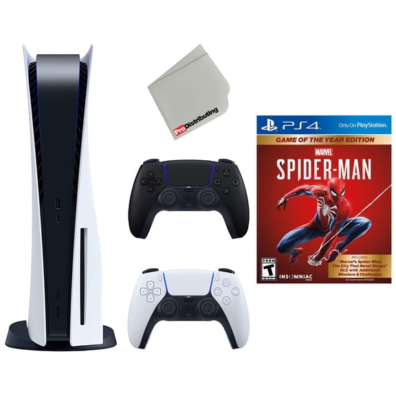 Restored Sony Playstation 5 Disc Version with Extra Controller, Marvel's Spider-Man and Cleaning Cloth Bundle - Midnight Black - (Refurbished)