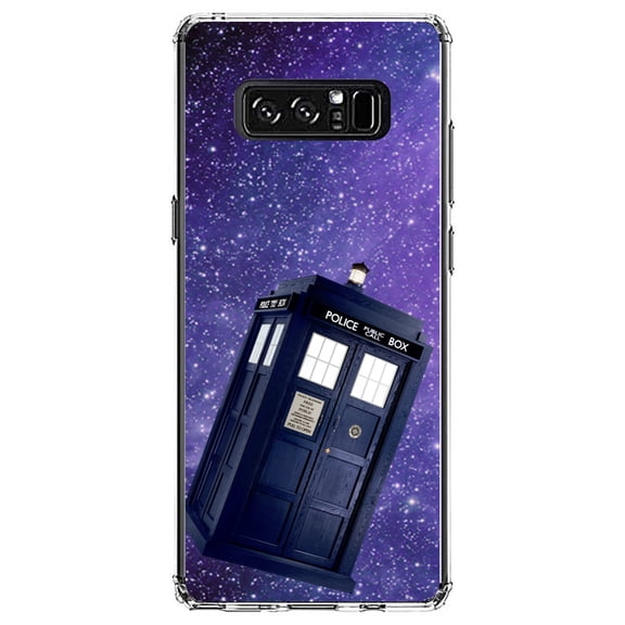 DistinctInk Clear Shockproof Hybrid Case for Samsung Galaxy Note 8 - TPU Bumper, Acrylic Back, Tempered Glass Screen Protector - TARDIS Floating in Space