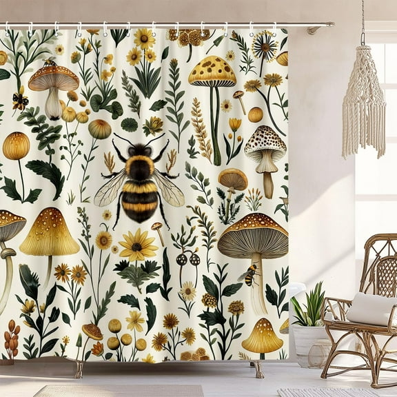Rustic Boho Mushroom Shower Curtain, Vintage Chic Bee Mushroom Botanical Floral Farmhouse Cottagecore Aesthetic Shower Curtain Set with Hook, Fairy Witchy Plant Shower Curtain for Bathroom Beige