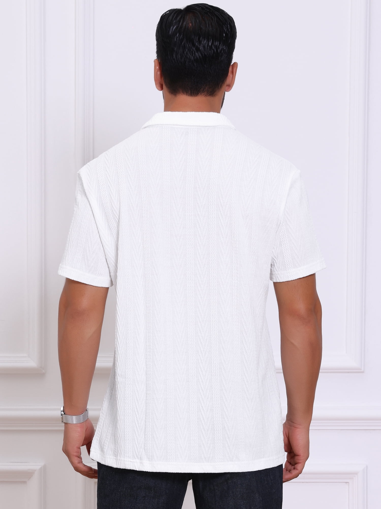 DARING DIVA Men's Jacquard Short Sleeve Button Down Collared Polo Shirts M White