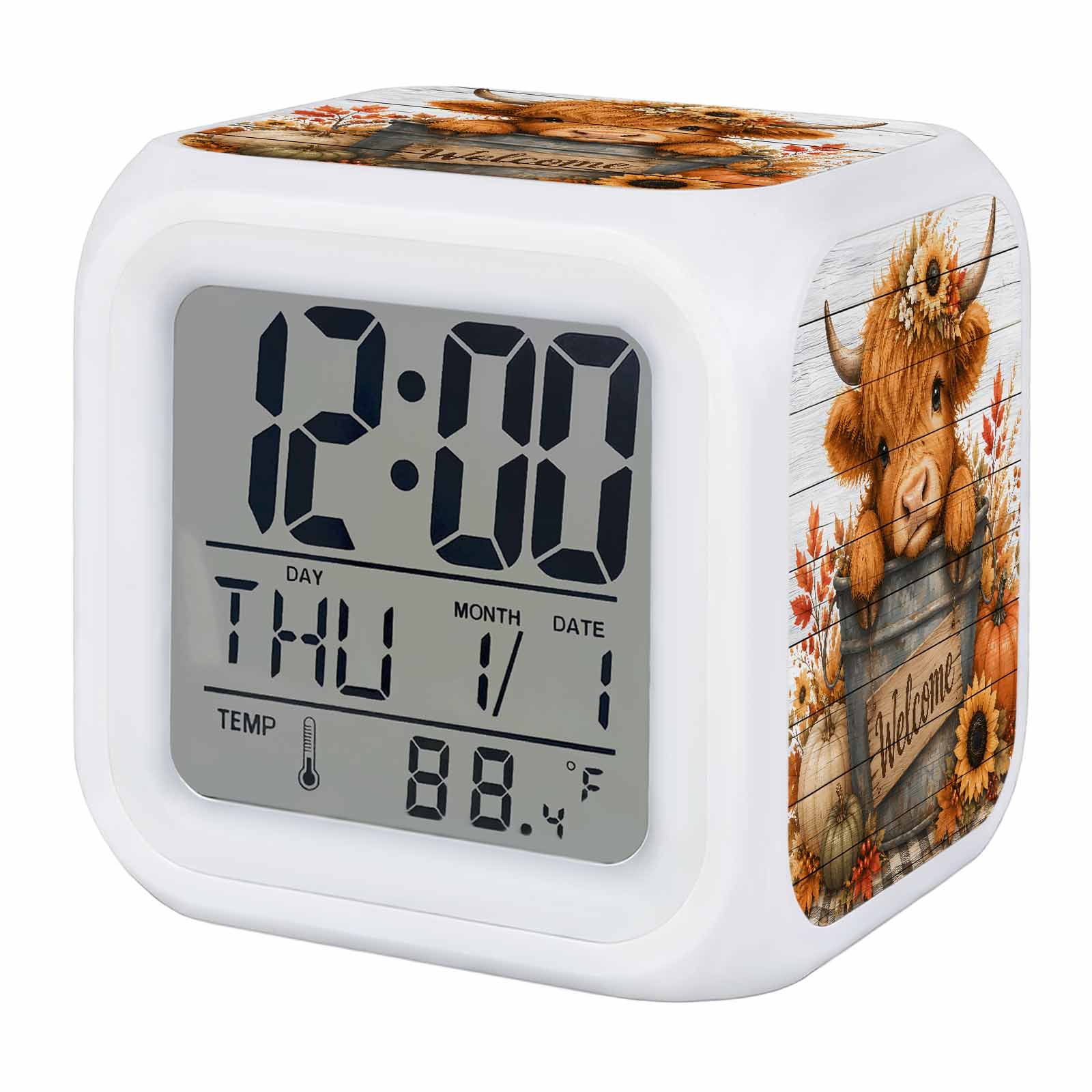 Welcome Highland Alarm Clock, Fall Pumpkins Sunflowers Maple Leaf Wood Grain Digital Clock Night Light with 7 Color, Calendar Temperature Display, LED Desk Small Clock for Bedrooms Living Room