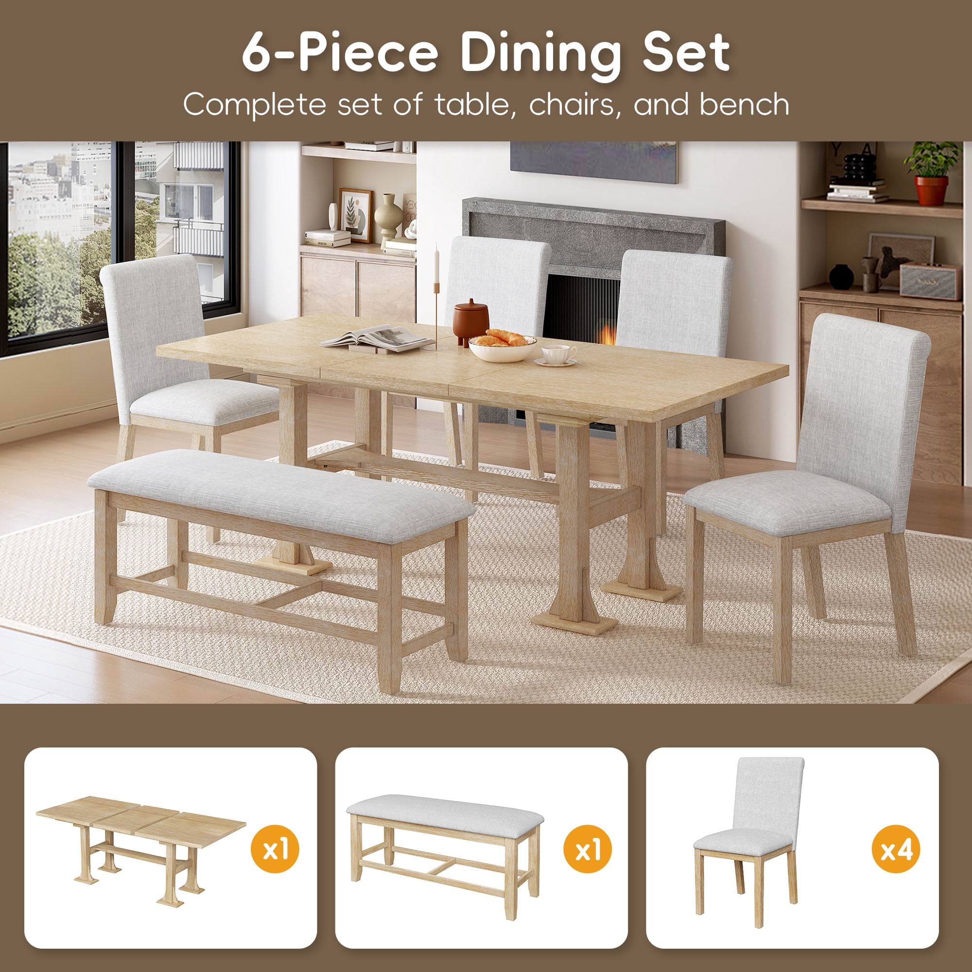6-Piece Dining Table Set for 6, 58"-76" Extendable Dining Table with Removable Leaf, 4 Chair and Bench