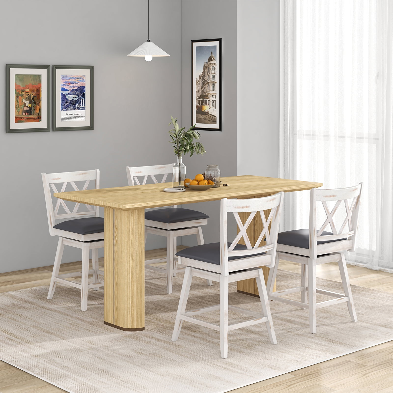 Costway 24" Bar Stools Set of 2 with Ergonomic Backrest Rubber Wood Legs Swivel Height Chairs Antique White, Gray