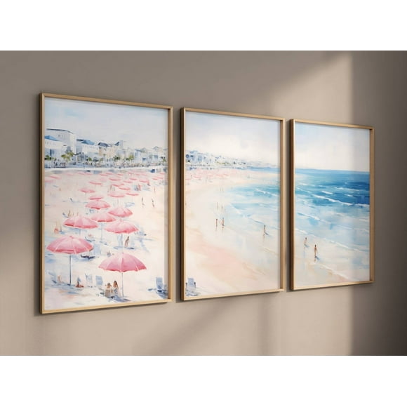 3 Print Set Coastal Decor, Set of 3 Pink Coastal Prints, Triptych Girly Apartment Painting Print, Vintage Beach Seascape