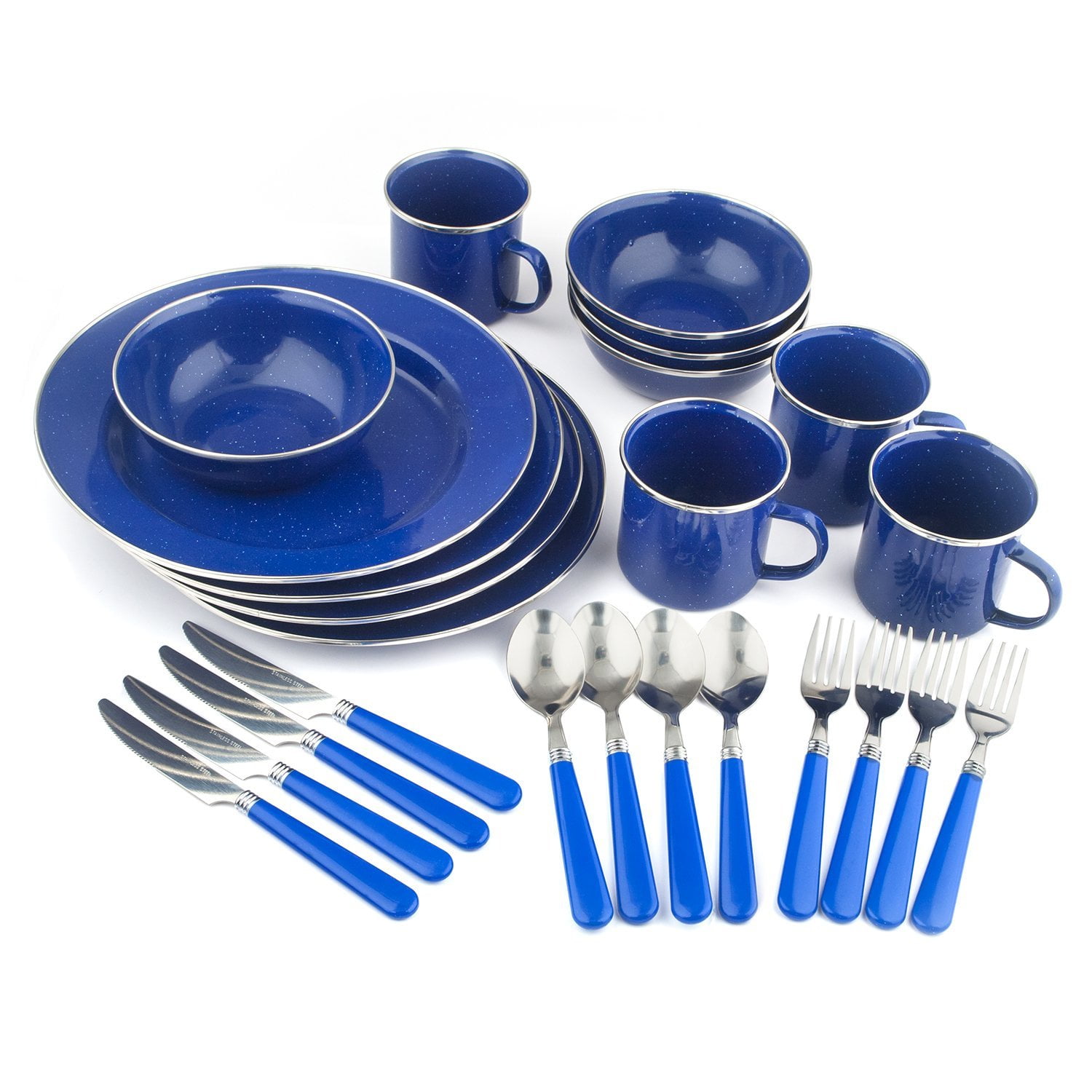 Enamel Camping Tableware Set, 24Piece, Blue, High quality durable 24