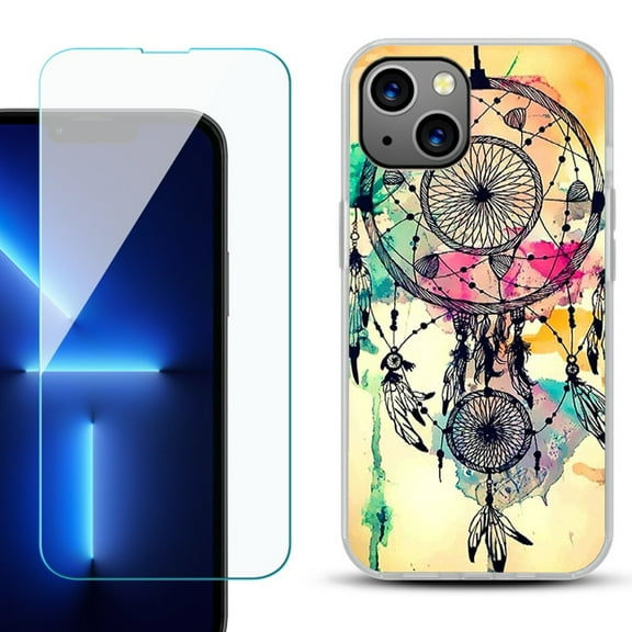 Slim-Fit Gel TPU Phone Case for iPhone 14, with Tempered Glass Screen Protector, by OneToughShield ® - Dream Catcher Color