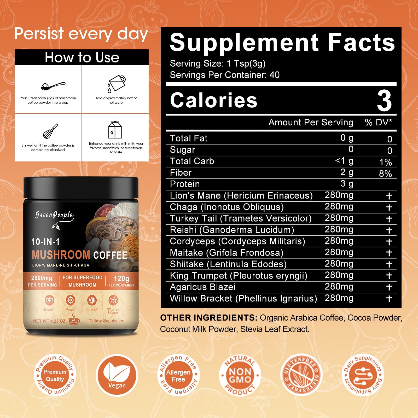 (2 Pack) Mushroom Coffee Powder 2800 mg (40 Servings), 10-in-1 Mushroom Blend Supplement 120g (4.23 oz)