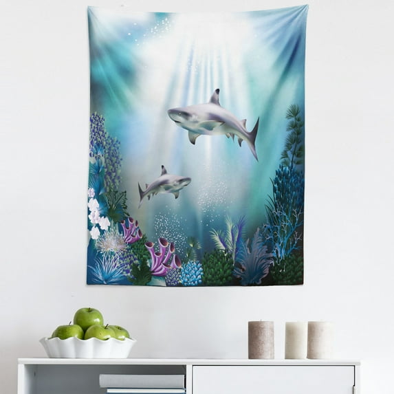 Underwater Tapestry, Realistic Illustration Wild Sharks and Plants Corals Seaweed Aquatic Ocean Life, Fabric Wall Hanging Decor for Bedroom Living Room Dorm, 5 Sizes, Multicolor, by Ambesonne