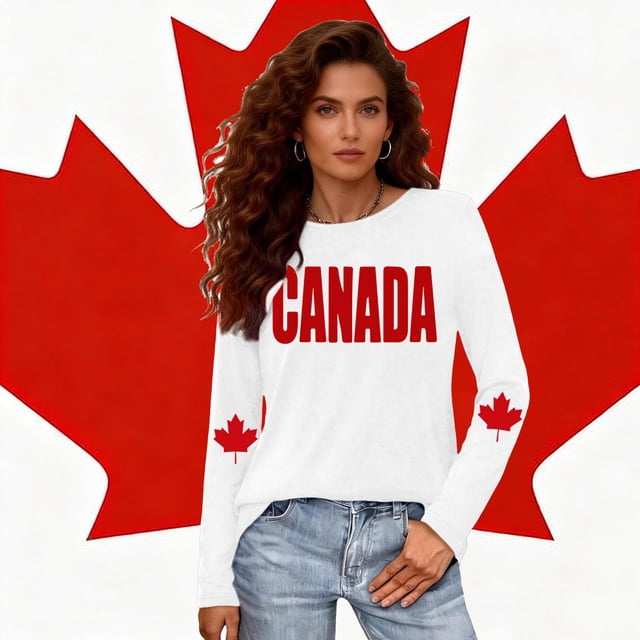 Uootdi T-Shirts Décontractés pour Femmes à Manches Longues Col Rond Canada Imprimé Graphique Coupe Ample Sorties de Fin de Semaine Hauts Doux Cadeau