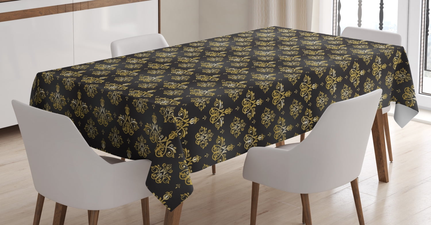 Yellow Damask Tablecloth, Royal Style Floral Ornament with