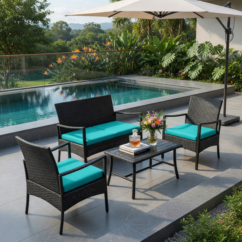 Hommoo 4-Piece PE Rattan Outdoor Conversation Set with Tempered Glass Coffee Table, Metal Frame, Backyard Patio Furniture, Turquoise