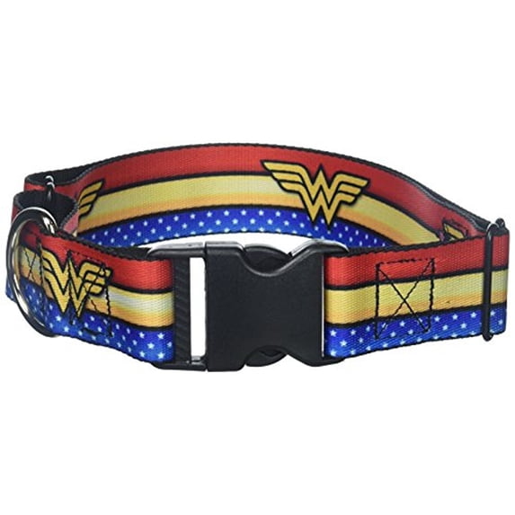 buckle down dog collar martingale wonder woman logo stripe stars red gold blue white 16 to 23 inches 1.5 inch wide