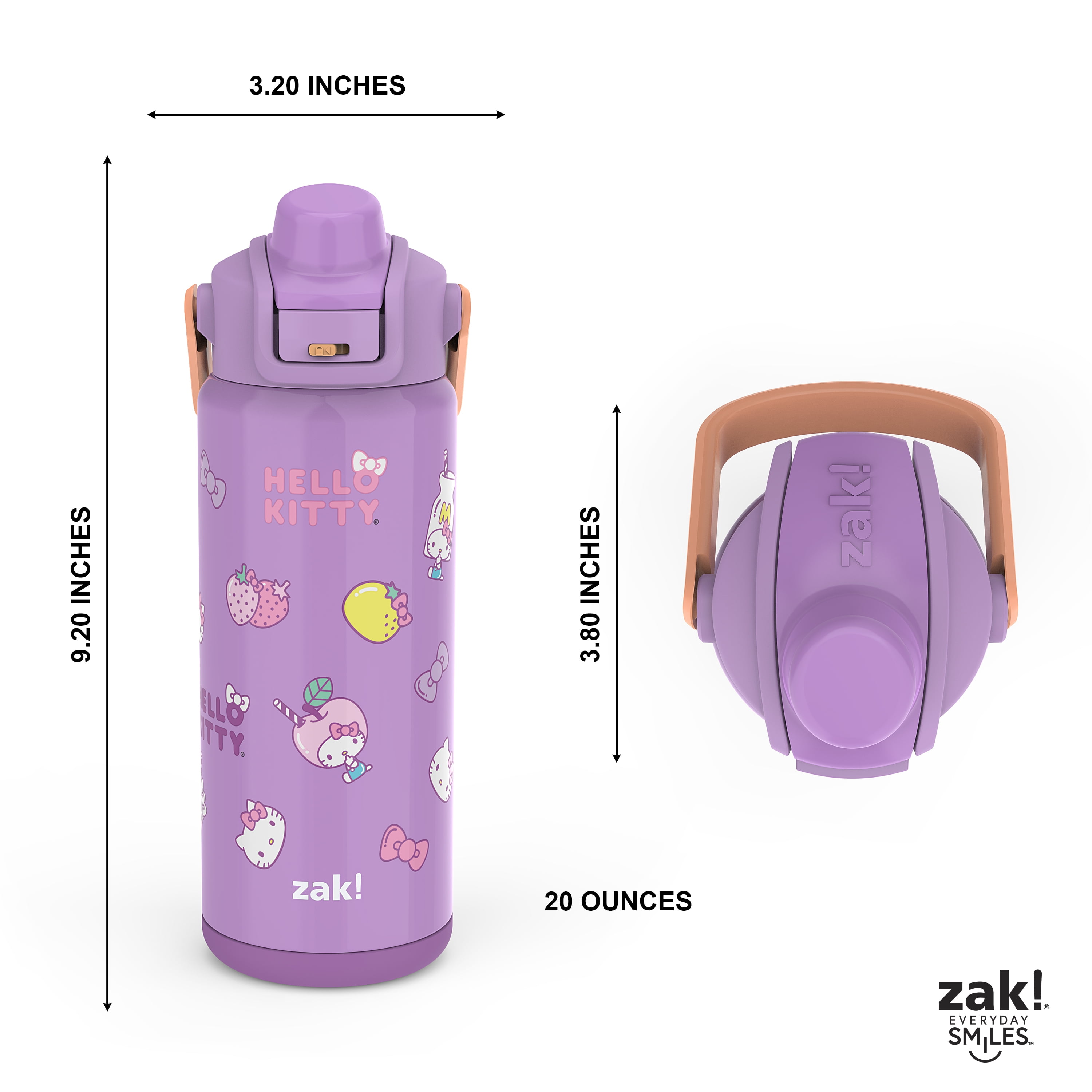 Zak Designs 20oz Kids Straw Water Bottle, Stainless Steel Vacuum Insulated Liberty Bottle with Easy-Open Locking Spout Cover for Travel, Built in Carry Handle, Hello Kitty